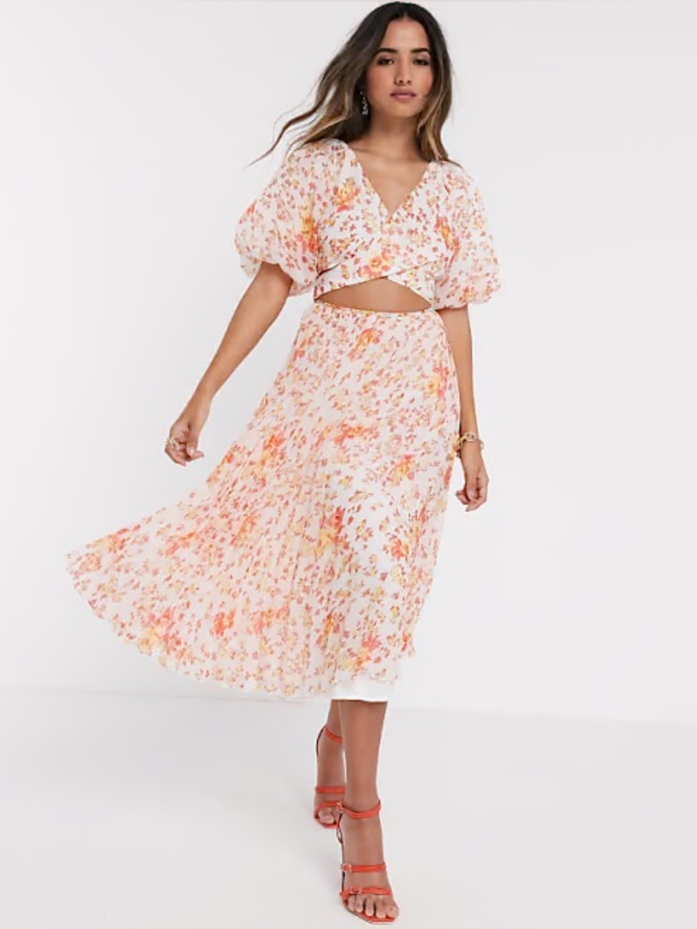 ASOS White Maxi Dress Orange & Yellow Floral cut out size 12 lined